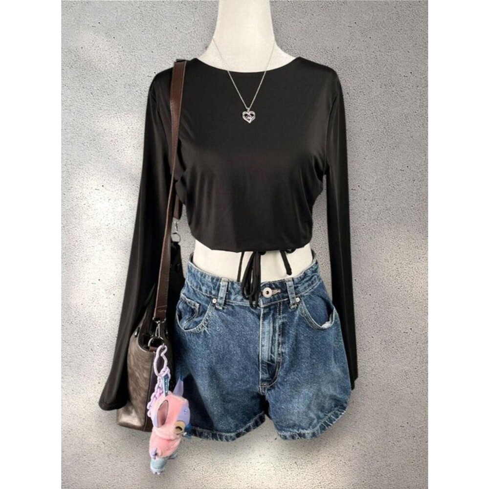 Cotton On Crop Top Women’s Large Black Long Sleeve Waist Tie Wrap Clubwear Y2K